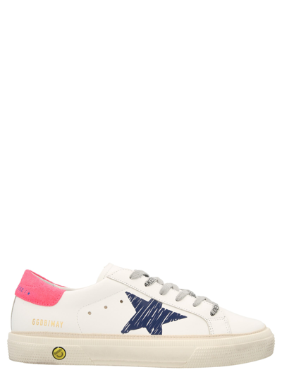 Golden Goose Kids' May Sneakers In White/ Navy Blue/ Lobster Fluo