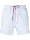 Thom Browne Seersucker Logo-patch Swim Shorts In Blue