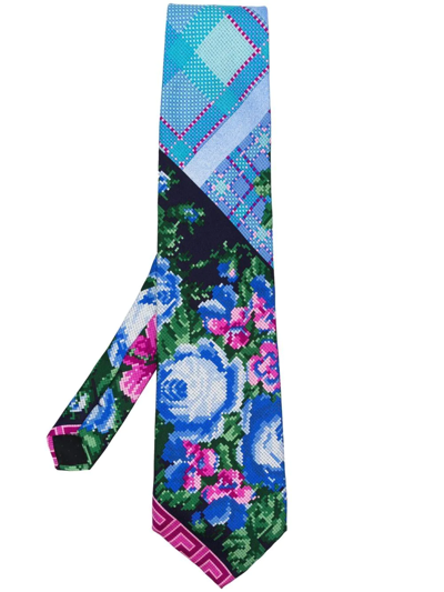 Pre-owned Versace 1990s Floral Cross Stitch-effect Silk Tie In Blue