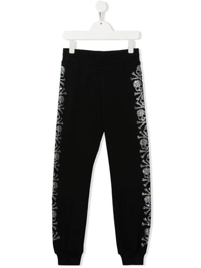 Philipp Plein Junior Kids' Skull-motif Cotton Track Trousers In Black