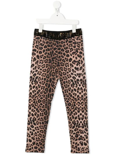 Philipp Plein Junior Kids' Leopard-print Rhinestone-logo Trousers In Brown