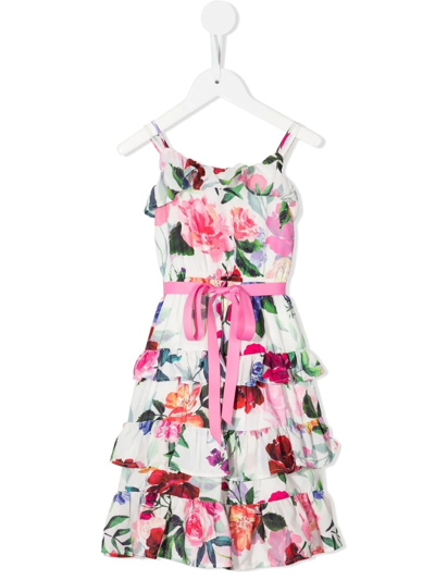 Marchesa Notte Mini Kids' Floral-print Tiered Dress In Ivory Multi
