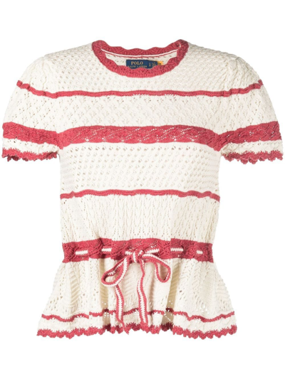 Polo Ralph Lauren Stripe Pointelle Short Sleeve Cotton Sweater In Chic Creamadirond