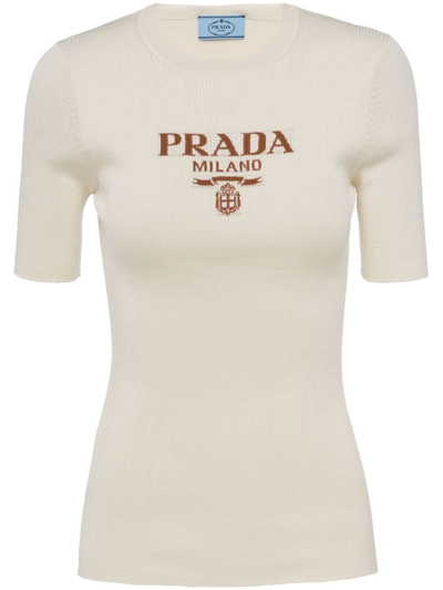 Prada Silk Crew-neck Sweater With Logo In F0304 Avorio