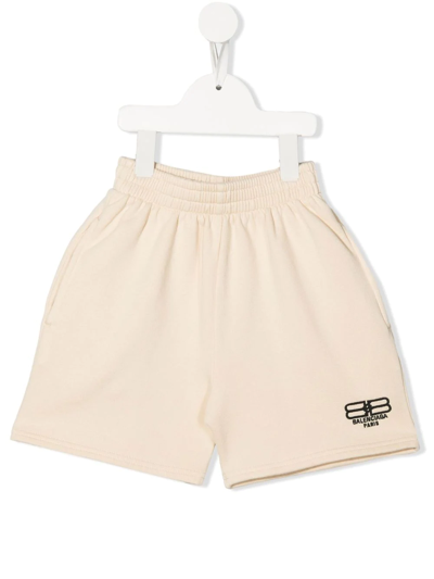 Balenciaga Kids' Bb Paris Icon Logo-embroidered Shorts In Cream Black