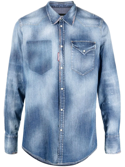 Dsquared2 Blue Denim Shirt With Acid Wash