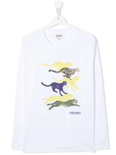 Kenzo Kids' Tiger-print Short-sleeved T-shirt In White