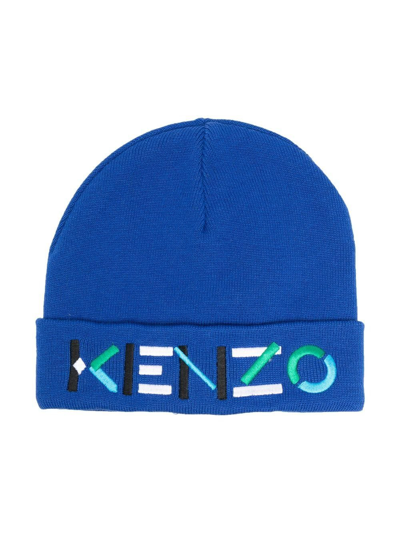 Kenzo Kids' Logo-embroidered Knit Beanie In Blue
