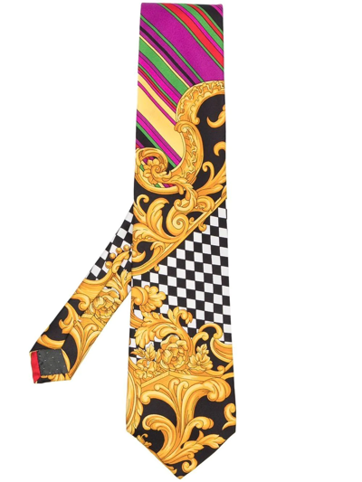 Pre-owned Versace 1990s Barocco Patchwork-print Silk Tie In Yellow