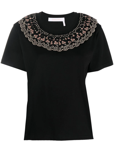 See By Chloé Scalloped Embroidered Cotton-jersey T-shirt In Black,beige