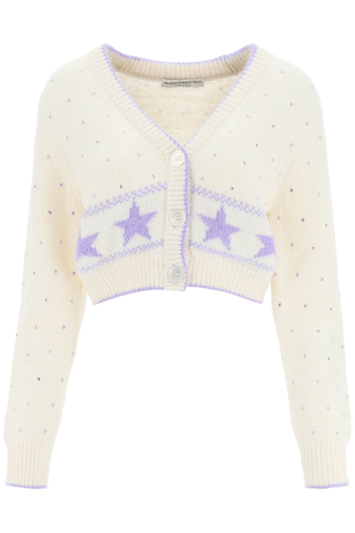 Alessandra Rich Wool And Alpaca Wool Cardigan With Crystals In White,purple