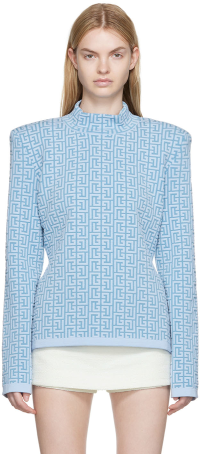 Balmain Long Sleeve Monogram Knit Sweater - Bleu In Bleu Pale