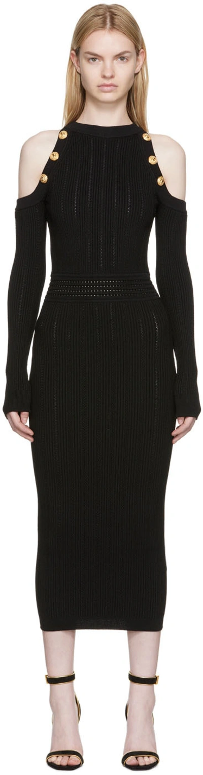 Balmain Cold-shoulder Embellished Ribbed-knit Midi Dress In Noir