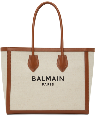 Balmain B Army Logo Canvas Shopper Tote Bag In Naturel_marron