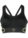 Adidas By Stella Mccartney Asmc Truepace Mesh-paneled Printed Recycled Stretch Sports Bra In Black