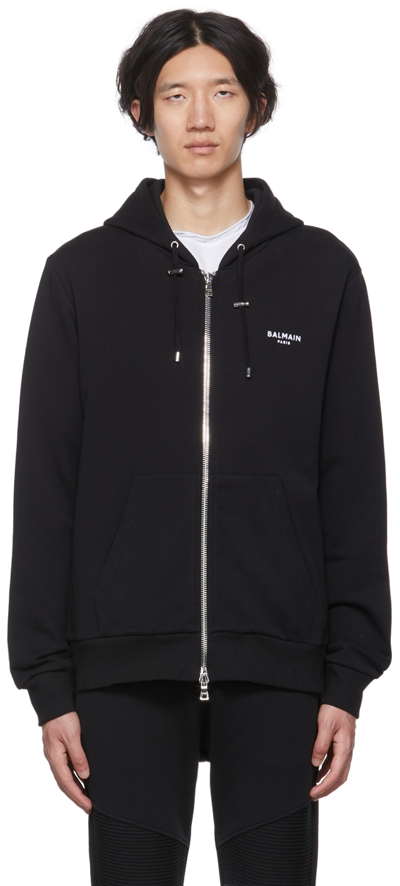 Balmain Black Organic Cotton Zip Hoodie