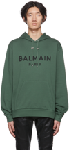 Balmain Mans Green Cotton Hoodie With Logo Print In Udd Vert Bouteille/n
