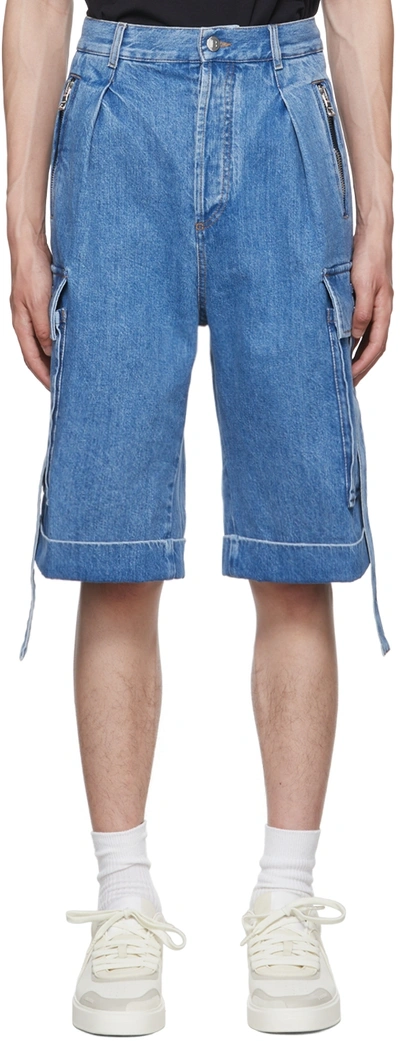 Balmain Cargo Strapped Denim Shorts In Blue