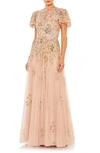 Mac Duggal Flutter Sleeve A-line Gown In Taupe Multi