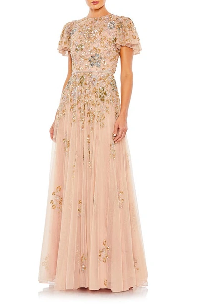 Mac Duggal Flutter Sleeve A-line Gown In Taupe Multi