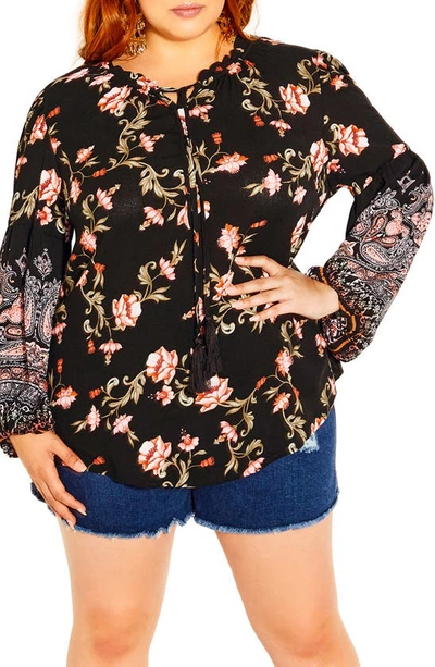City Chic Floating Print Top In Black Goddess
