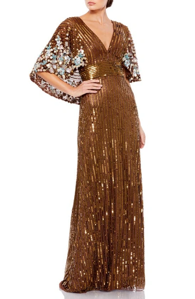 Mac Duggal Floral Sequin Capelet Column Gown In Chocolate