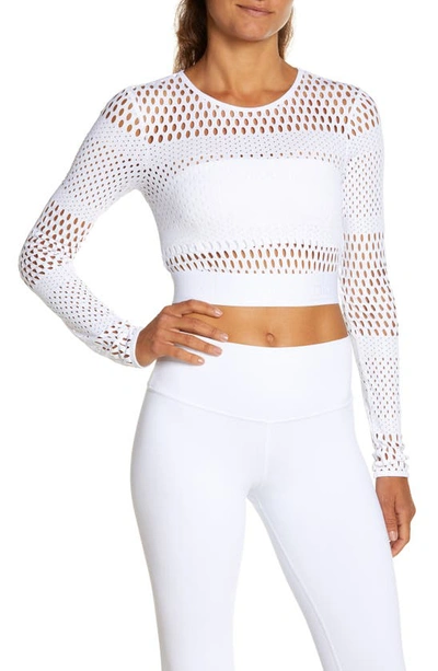 Alo Yoga Haute Girl Summer Mesh Long Sleeve Crop Top In White | ModeSens
