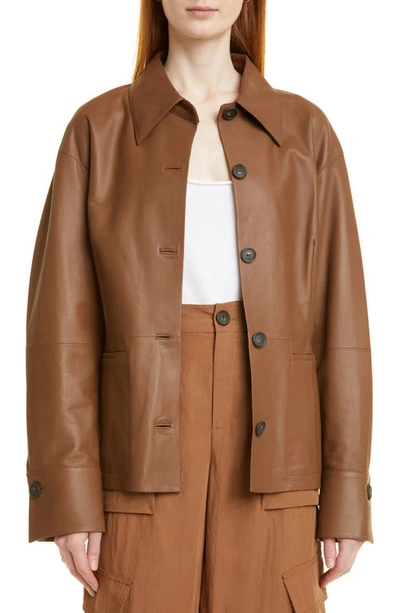Vince Oversized Pointed Collar Leather Jacket In Brown