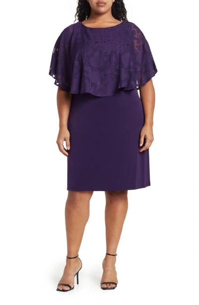 Connected Apparel Floral Jacquard Cape Overlay Dress In Aubergene