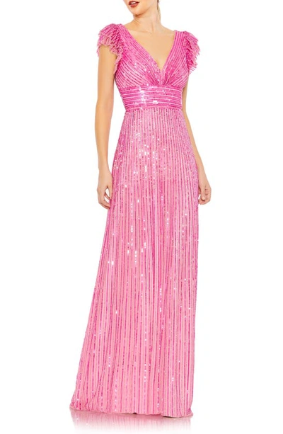 Mac Duggal Embellished Flutter Cap Sleeve A Line Gown In Hot Pink