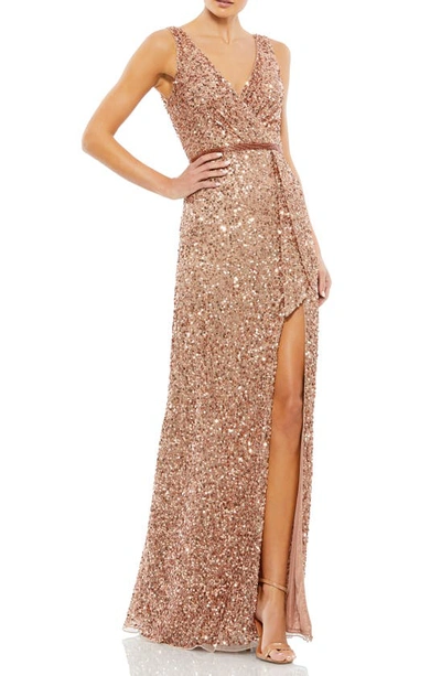 Mac Duggal Sequin Wrap Bodice Sleeveless Gown In Copper