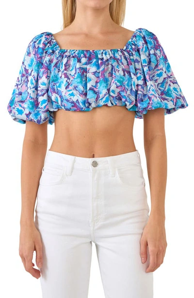 Endless Rose Floral Puff Sleeve Crop Top In Blue Multi