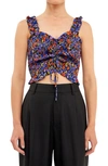 Endless Rose Floral Print Smocked Tank In Black Multi