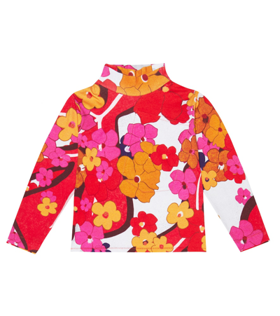 Erl Kids' Floral Turtleneck Cotton Jersey Top In Red