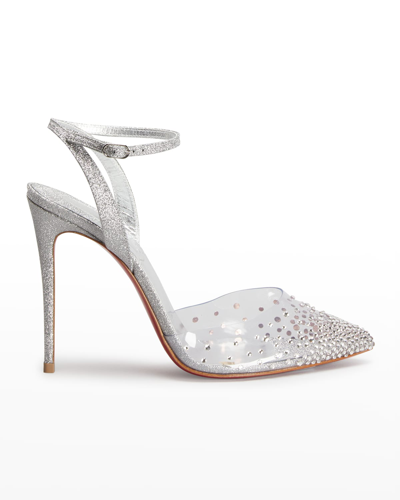 Christian Louboutin Spikaqueen Crystal Glitter Ankle-strap Red Sole Pumps In Vers Silver/lin Silver