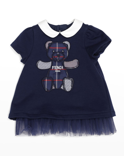 Fendi Kids' Girl's Embroidered Bear Ruffle Dress In F1i11 Navy