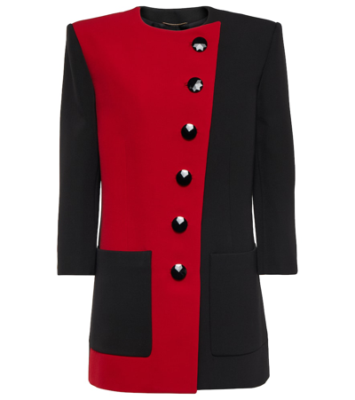 Saint Laurent Asymmetric Colourblock Wool Minidress In Noir Rouge