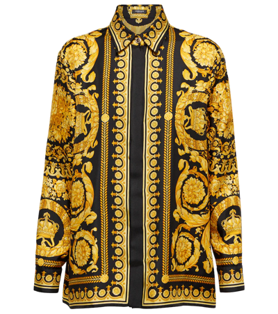Versace Barocco Print Long-sleeved Silk Shirt In Gold