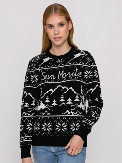 Mc2 Saint Barth Woman Sweater With Norwgian Style Print And Sun Moritz Embroidery In Black