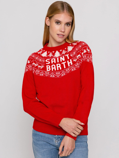 Mc2 Saint Barth Woman Sweater With Norwegian Jacquard Print In Red