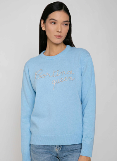 Mc2 Saint Barth Woman Sweater With Cortina Queen Embroidery In Sky Blue