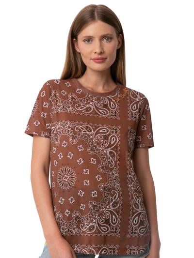 Mc2 Saint Barth Woman Linen T-shirt With Bandanna Print In Brown