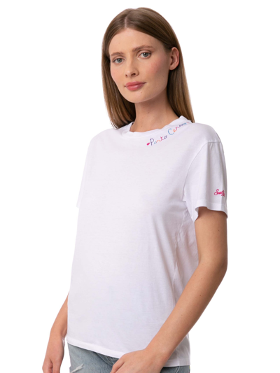 Mc2 Saint Barth Woman Cotton T-shirt With Love Porto Cervo Embroidery In White