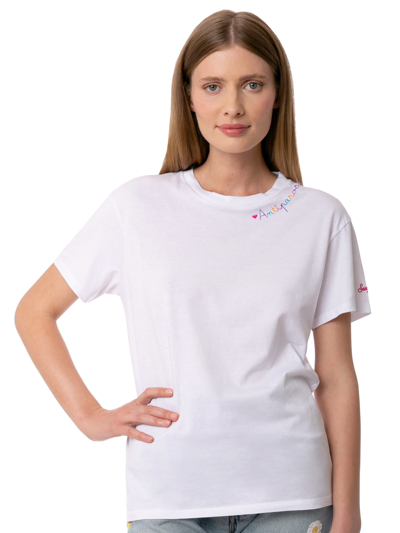 Mc2 Saint Barth Woman Cotton T-shirt With Love Porto Rotondo Embroidery In White