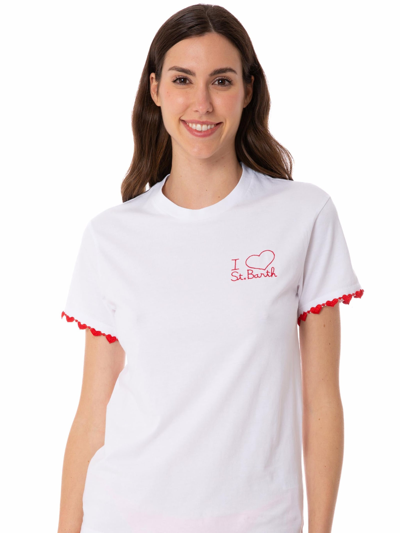 Mc2 Saint Barth Woman Cotton T-shirt With Heart Embroidered In White