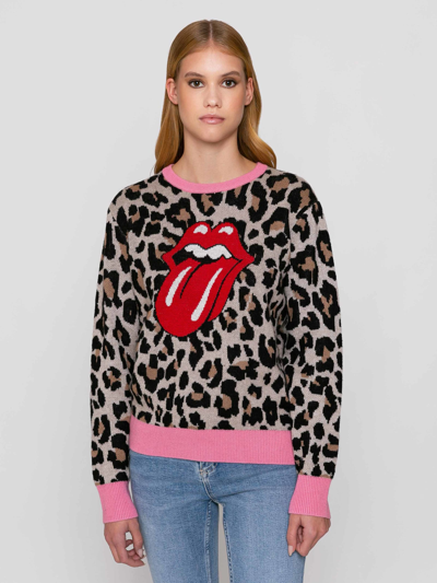 Mc2 Saint Barth Woman Brushed Sweater With Animalier Print The Rolling Stones® Special Edition In Brown