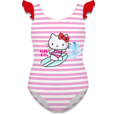 Mc2 Saint Barth Kids' Surfing Hello Kitty® Print Ruffled One Piece - Special Edition In Pink