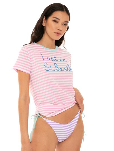 Mc2 Saint Barth Striped T-shirt With Lost In St. Barth Embroidery In Pink