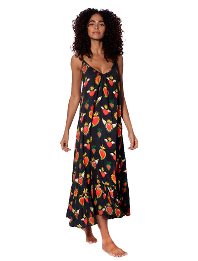 Mc2 Saint Barth Secret Heart Print Gown With Shoulder Straps In Black