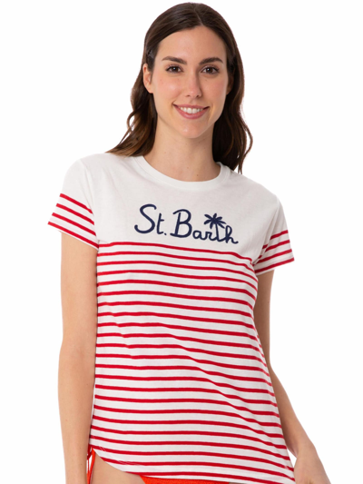 Mc2 Saint Barth Red Striped Cotton T-shirt With St. Barth Embroidery In White